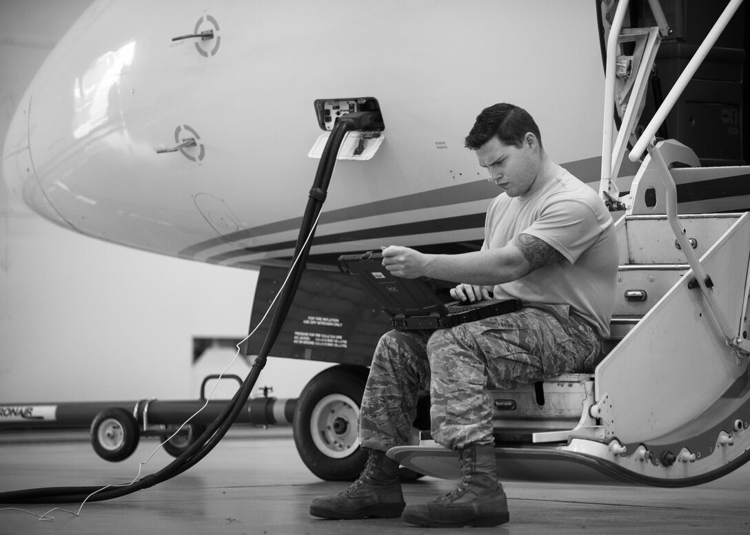 Staff Sgt. Jesse Brazell, 592nd Special Operations Maintenance Group, orders a part for the C-146 Wolfhound March 31 at Duke Field, Fla.  The 592nd SOMXS and the 919th Special Operations Aircraft Maintenance Squadron assigned a dedicated crew chief and assistant crew chief to each of the aircraft at Duke Field. Each aircraft has an active-duty and reserve crew chief assigned to it.  (U.S. Air Force photo/Tech. Sgt. Jasmin Taylor)