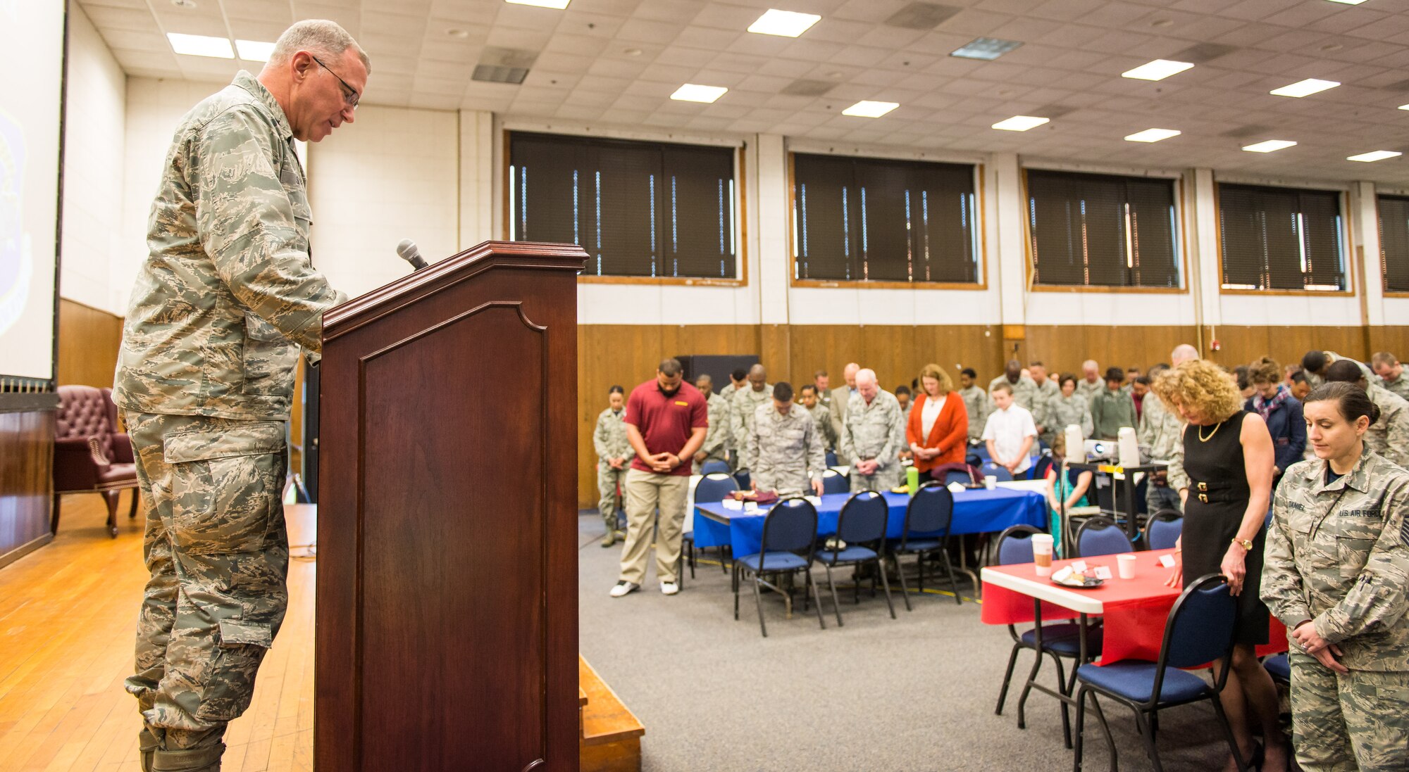 Chaplain (Brig.Gen.) Steven Schaick, U.S. Air Force deputy chief of chaplains, delivers the benediction during the 459th Air Refueling Wing’s Annual Prayer Breakfast on April 3, 2016 on Joint Base Andrews, Md. The breakfast featured a speech from Kedric Golston, a professional football player with the Washington Redskins, who spoke about the importance of his faith in his success to a group of more than 150 reservists from the 459th. (U.S. Air Force photo/Staff Sgt. Scott Pauley)