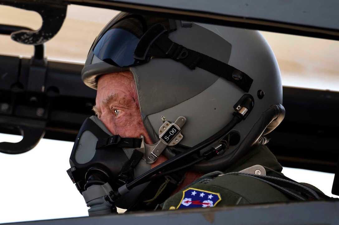 U.S. Air Force Brig. Gen. (ret.) Robert Earthquake Titus sits inside the cockpit of an 144th Fighter Wing F-15D Eagle at the Fresno Air National Guard Base, April 1, 2016. Titus is the 144thFW's 3rd Annual Heritage Week honored guest, who also shared his personal experiences as a fighter pilot with the 144th FW Airmen. (U.S. Air National Guard photo by Senior Airman Klynne Pearl Serrano)