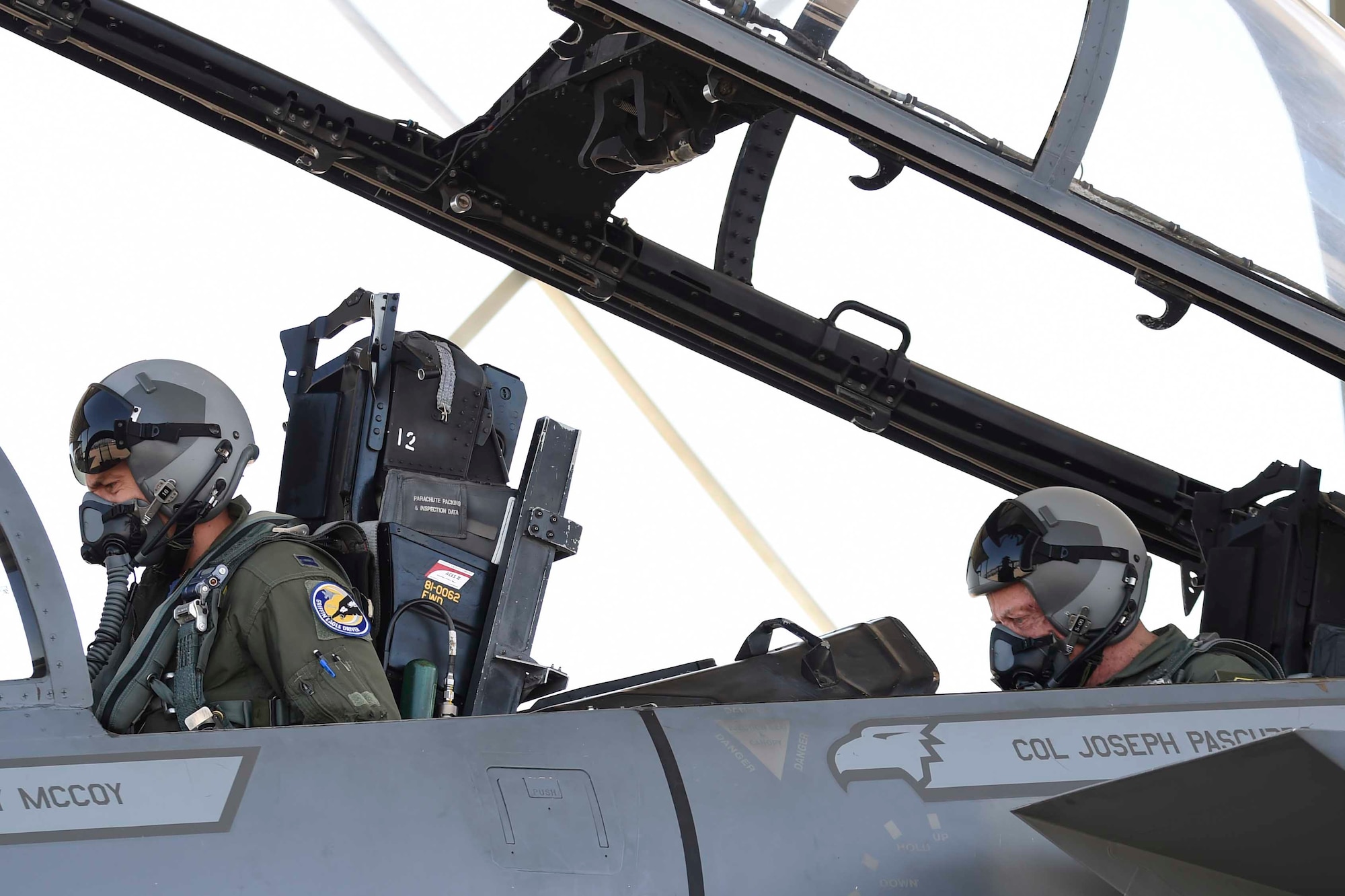 U.S. Air Force Brig. Gen. (ret.) Robert Earthquake Titus sits inside the cockpit of an 144th Fighter Wing F-15D Eagle at the Fresno Air National Guard Base, April 1, 2016. Titus is the 144thFW's 3rd Annual Heritage Week honored guest, who also shared his personal experiences as a fighter pilot with the 144th FW Airmen. (U.S. Air National Guard photo by Senior Airman Klynne Pearl Serrano)