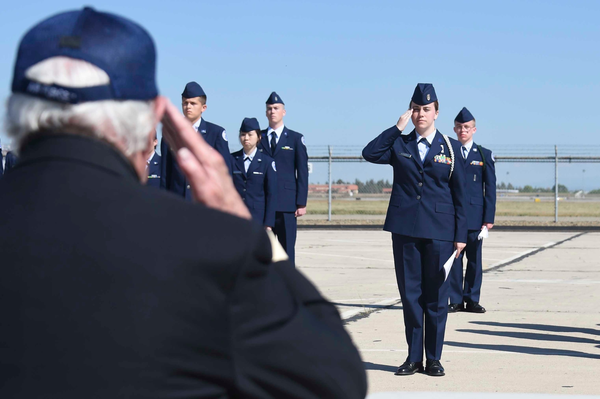 U.S. Air Force Brig. Gen. (ret.) Robert Earthquake Titus, judges a drill competition at the Fresno Air National Guard Base March 31, 2016. The drill competition included Junior Reserve Officer Training Corps cadets from Fresno and surrounding communities. (U.S. Air National Guard photo by Senior Airman Klynne Pearl Serrano)