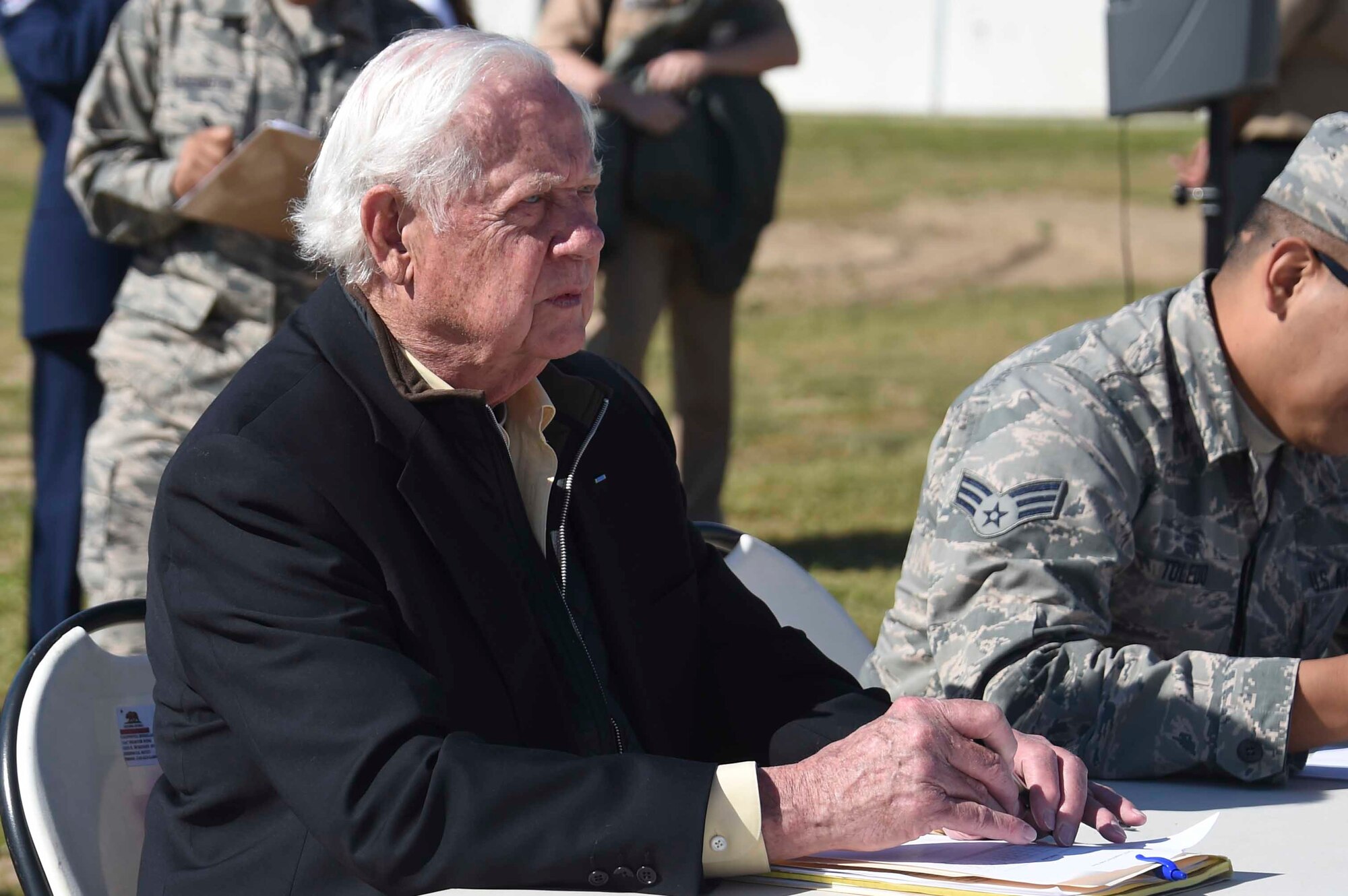 U.S. Air Force Brig. Gen. (ret.) Robert Earthquake Titus, judges a drill competition at the Fresno Air National Guard Base March 31, 2016. The drill competition included Junior Reserve Officer Training Corps cadets from Fresno and surrounding communities. (U.S. Air National Guard photo by Senior Airman Klynne Pearl Serrano)