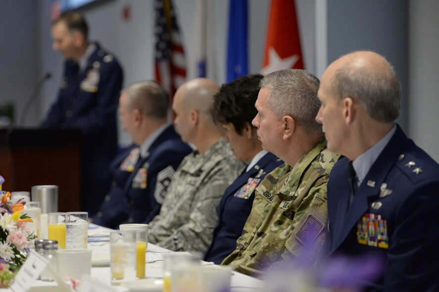 Senior military leaders listen to Col. James Ryan, 157th Air Refueling Wing commander speak during the New Hampshire Air National Guard Commander’s Annual Prayer Breakfast, Pease Air National Guard Base, N.H., April 3, 2016.  The guest speaker for the event was U.S. Army Chaplain, Brig. Gen. David E. Graetz, assistant chief of chaplains, Army National Guard. (U.S. Air National Guard photo by Staff Sgt. Curtis J. Lenz)