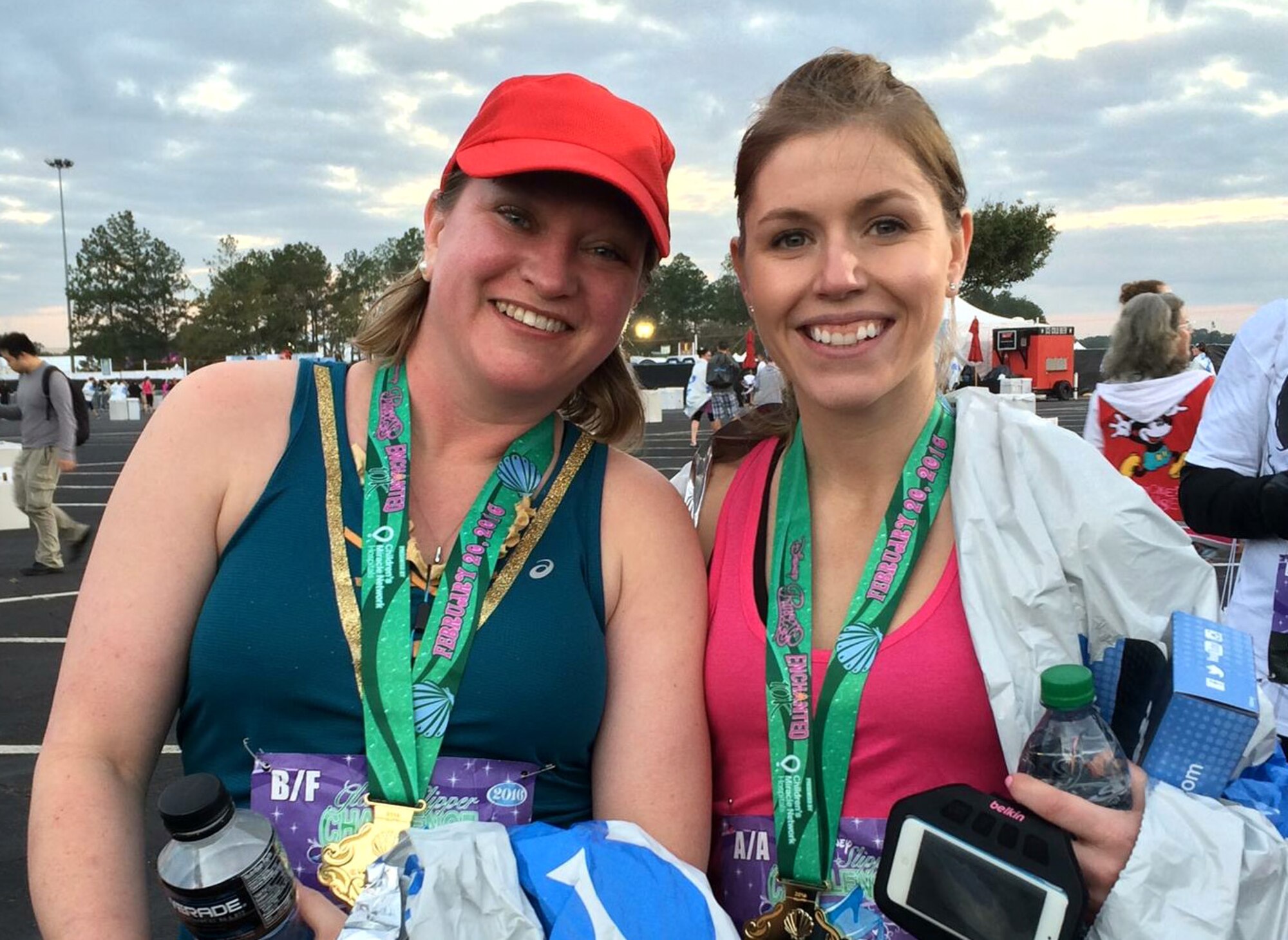 Tech. Sgt. Amber Ladwig and Master Sgt. Wendy McLean, assigned to the 185th Air Refueling Wing, pose for a photo after a run on February 21, 2016 in Orlando Florida. Ladwig and Mclean took part in the Disney Princess Half Marathon on February 20th and 21st. (Photo Contributed) 