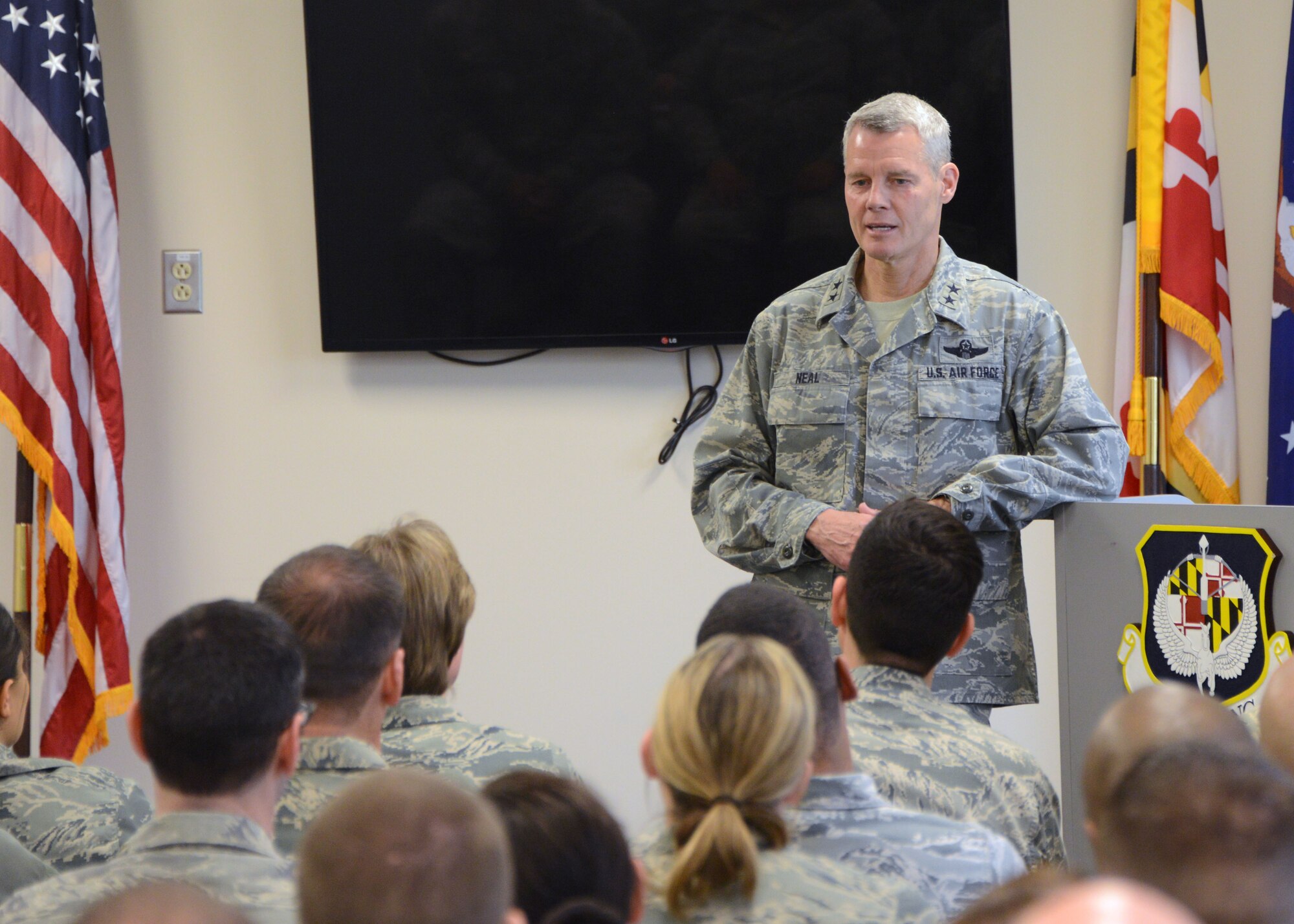 The Acting Director of Air National Guard, Maj. Gen. Brian Neal spoke with members of the 175th Wing’s Company Grade Officer Council, March 6 during a visit to Warfield Air National Guard Base.