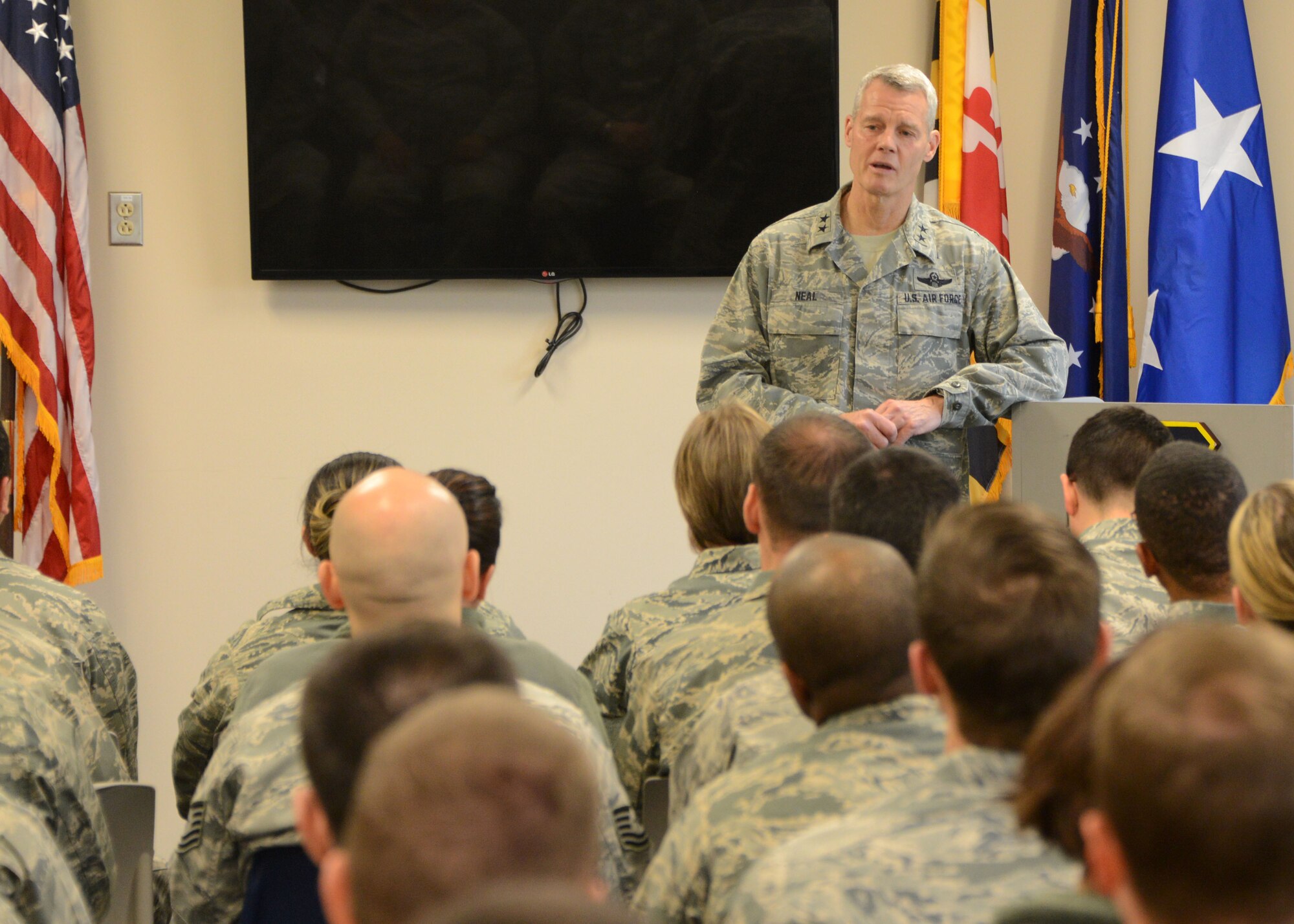 The Acting Director of Air National Guard, Maj. Gen. Brian Neal spoke with members of the 175th Wing’s Company Grade Officer Council, March 6 during a visit to Warfield Air National Guard Base.