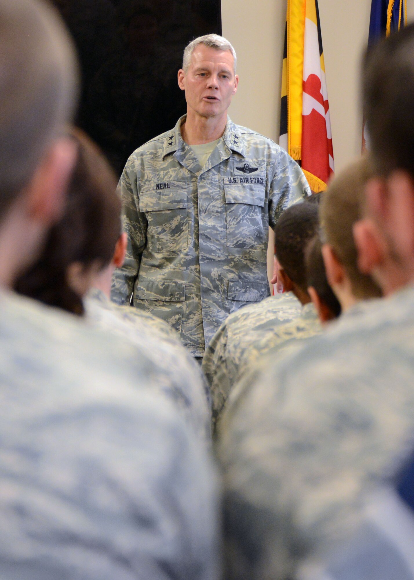 The Acting Director of Air National Guard, Maj. Gen. Brian Neal spoke with members of the 175th Wing’s Company Grade Officer Council, March 6 during a visit to Warfield Air National Guard Base.