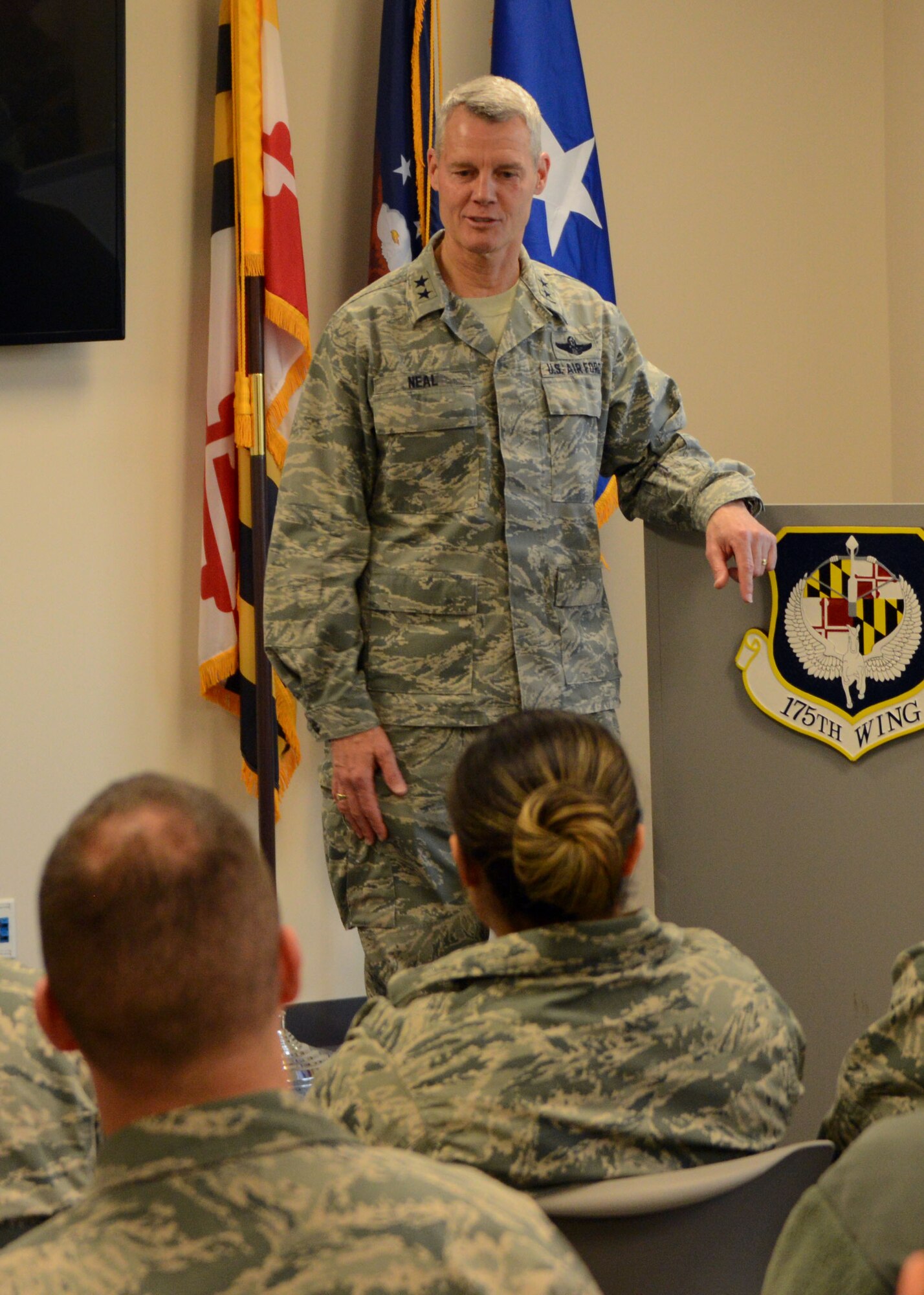 The Acting Director of Air National Guard, Maj. Gen. Brian Neal spoke with members of the 175th Wing’s Company Grade Officer Council, March 6 during a visit to Warfield Air National Guard Base.