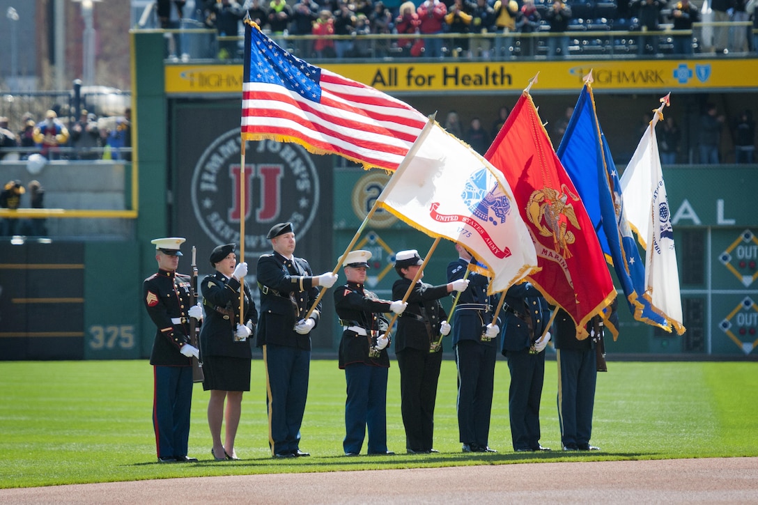 A joint service color guard presents the colors during the national anthem on baseball's opening day in Pittsburgh, April 3, 2016. Army photo by Staff Sgt. Dalton Smith