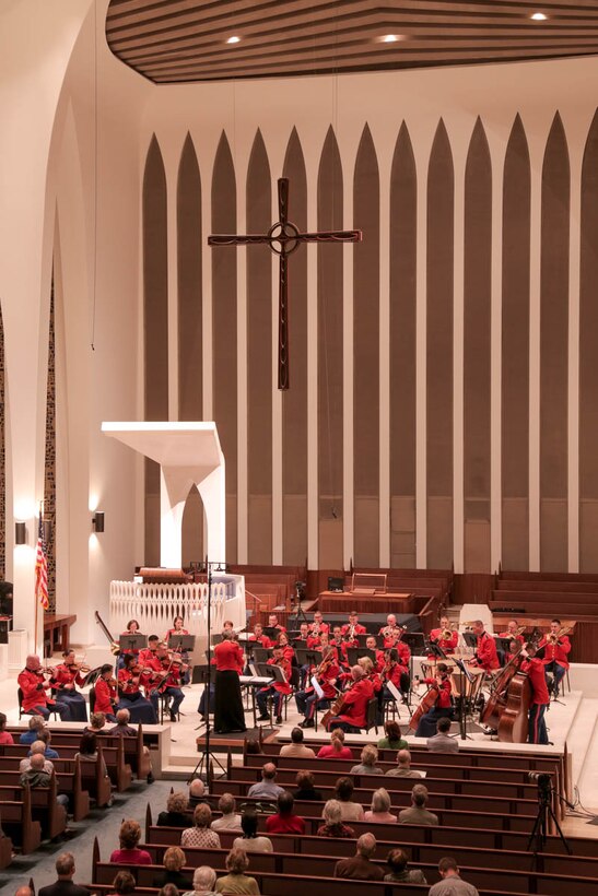 On April 1, 2016, the Marine Chamber Orchestra performed a concert titled "Musical Fashion of Great Britain" at National Presbyterian Church in Washington, D.C. The program featured music by Ralph Vaughan Williams, Sir William Walton, and Jean Sibelius. (U.S. Marine Corps photo by Staff Sgt. Rachel Ghadiali/released.)