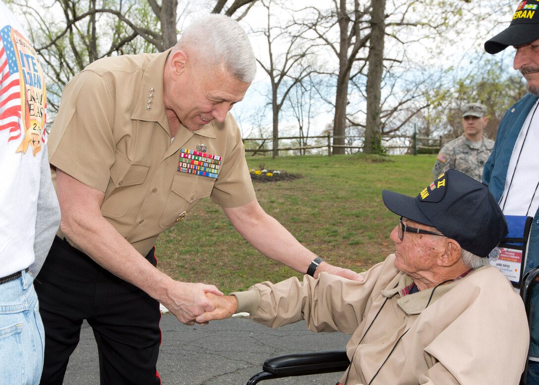 The Assistant Commandant of the U.S. Marine Corps, Gen. John M. Paxton, Jr., attends the World War II and Vietnam War Commemoration Honor Flight luncheon as the guest of honor at the Knights of Columbus, Arlington, Va., April 2, 2016. (U.S. Marine Corps photo by Sgt. Tia Dufour/Released)