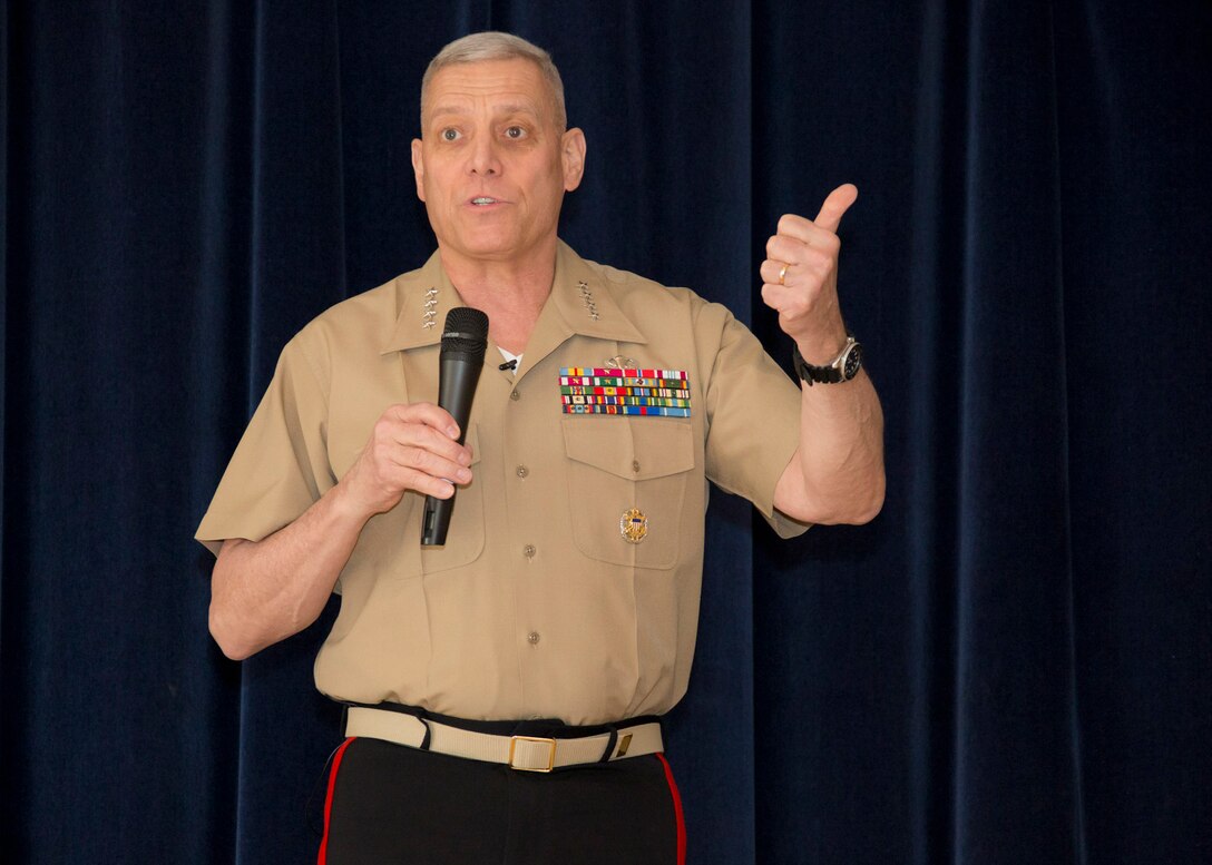 The Assistant Commandant of the U.S. Marine Corps, Gen. John M. Paxton, Jr., attends the World War II and Vietnam War Commemoration Honor Flight luncheon as the guest of honor at the Knights of Columbus, Arlington, Va., April 2, 2016. (U.S. Marine Corps photo by Sgt. Tia Dufour/Released)