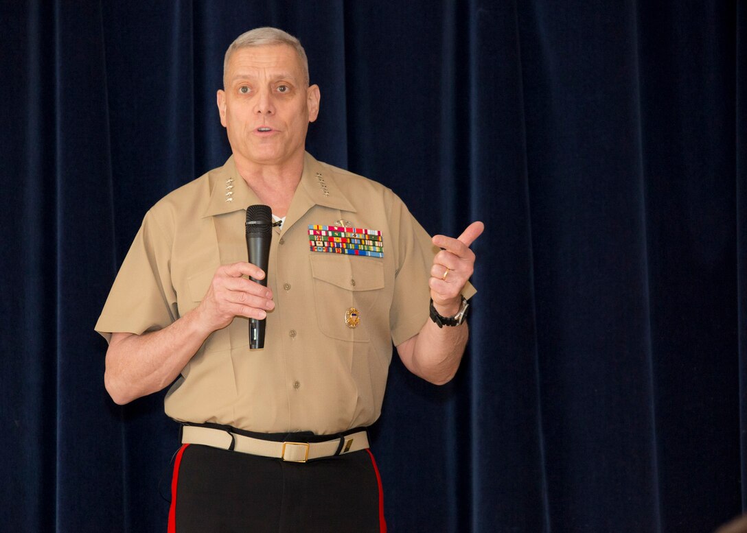 The Assistant Commandant of the U.S. Marine Corps, Gen. John M. Paxton, Jr., attends the World War II and Vietnam War Commemoration Honor Flight luncheon as the guest of honor at the Knights of Columbus, Arlington, Va., April 2, 2016. (U.S. Marine Corps photo by Sgt. Tia Dufour/Released)