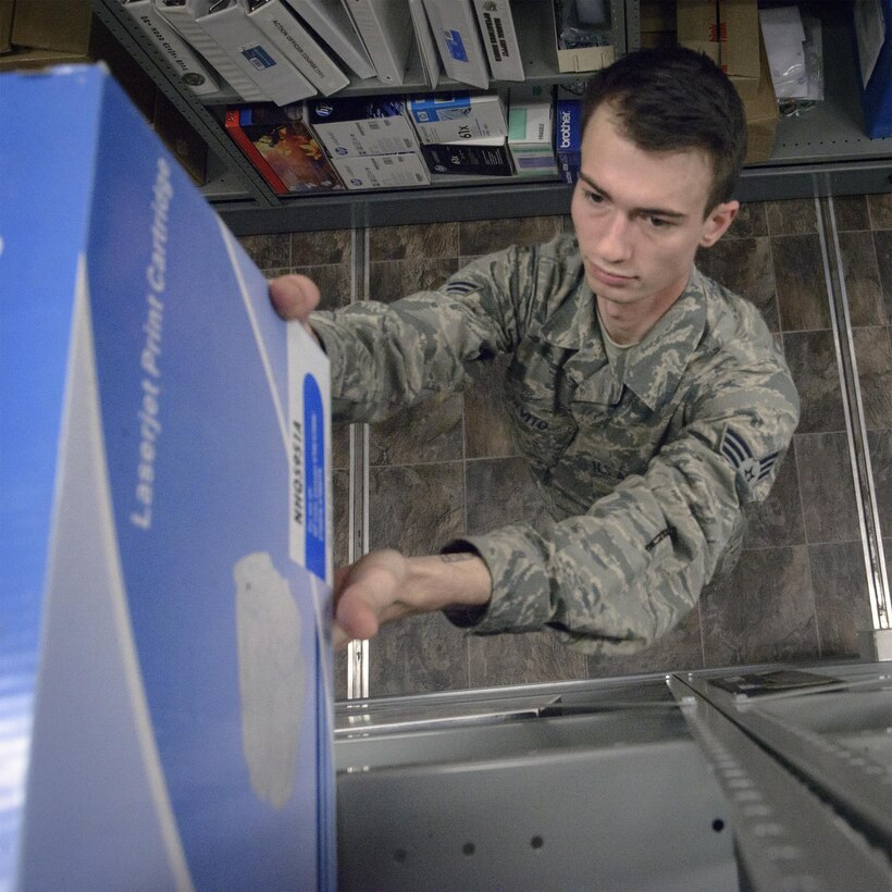 Senior Airman Donald Devito, a 71st Medical Support Squadron Airman, stocks shelves in the medical logistics warehouse at the Vance Clinic, March 29. The mission of the 71st Medical Group is to provide quality healthcare and ready forces to support the 71st Flying Training Wing. (U.S. Air Force photo by 2nd Lt. Nate Randall)
