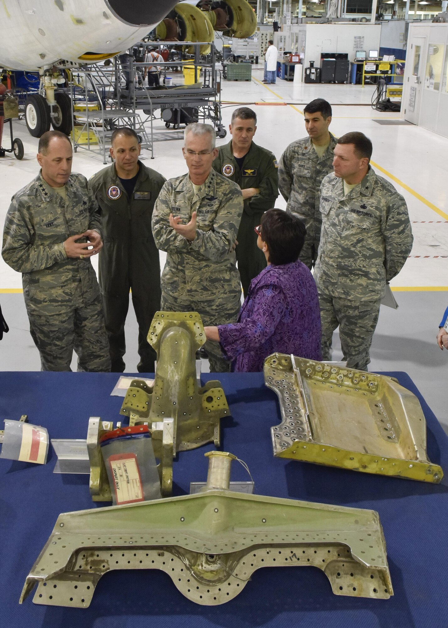 Gen. Paul J. Selva, the vice chairman of the Joint Chiefs of Staff, center foreground, receives a briefing by Theresa Farris, the 564th Aircraft Maintenance Squadron director, on how the Oklahoma City Air Logistics Complex supports the nuclear mission to include the KC-135 Stratotanker, B-52 Stratofortress, B-2 Spirit, commodities, software and engines at Tinker Air Force Base, Okla., April 1, 2016. (U.S. Air Force photo/Greg L. Davis)