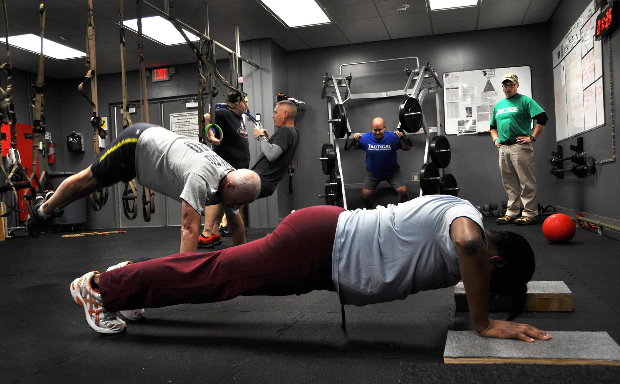 Student of Mikula’s weekly fit camp, participates in circuit training February 25, 2016 at the Human Performance Center of Dobbins Air Reserve Base, Ga. Instructor John Mikula creates various level workouts for all participants. (U.S. Air Force photo by Senior Airman Lauren Douglas) 