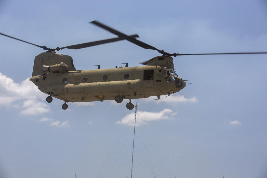 An Army Boeing CH-47 Chinook takes off during Balikatan 2016 in Subic Bay, Philippines, April 3, 2016. Marine Corps photo by Lance Cpl. Damon A. Mclean