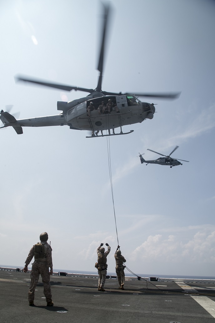 AT SEA (April 1, 2016)-U.S. Marines with the 13th Marine Expeditionary Unit, conduct rappel training, April 1, 2016, during the MEU's western pacific deployment aboard the USS Boxer. More then 4,500 Marines and Sailors from the Boxer ARG, 13th MEU team are currently transiting the Pacific Ocean toward the U.S. 5th fleet area of operations during a scheduled deployment. (U.S. Marine Corps photo by Sgt. Briauna Birl/RELEASED)