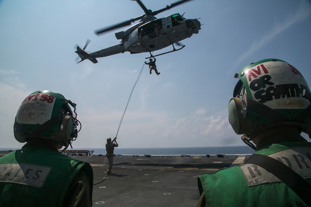 AT SEA (April 1, 2016)-U.S. Marines with the 13th Marine Expeditionary Unit, conduct rappel training, April 1, 2016, during the MEU's western pacific deployment aboard the USS Boxer. More then 4,500 Marines and Sailors from the Boxer ARG, 13th MEU team are currently transiting the Pacific Ocean toward the U.S. 5th fleet area of operations during a scheduled deployment. (U.S. Marine Corps photo by Sgt. Briauna Birl/RELEASED)