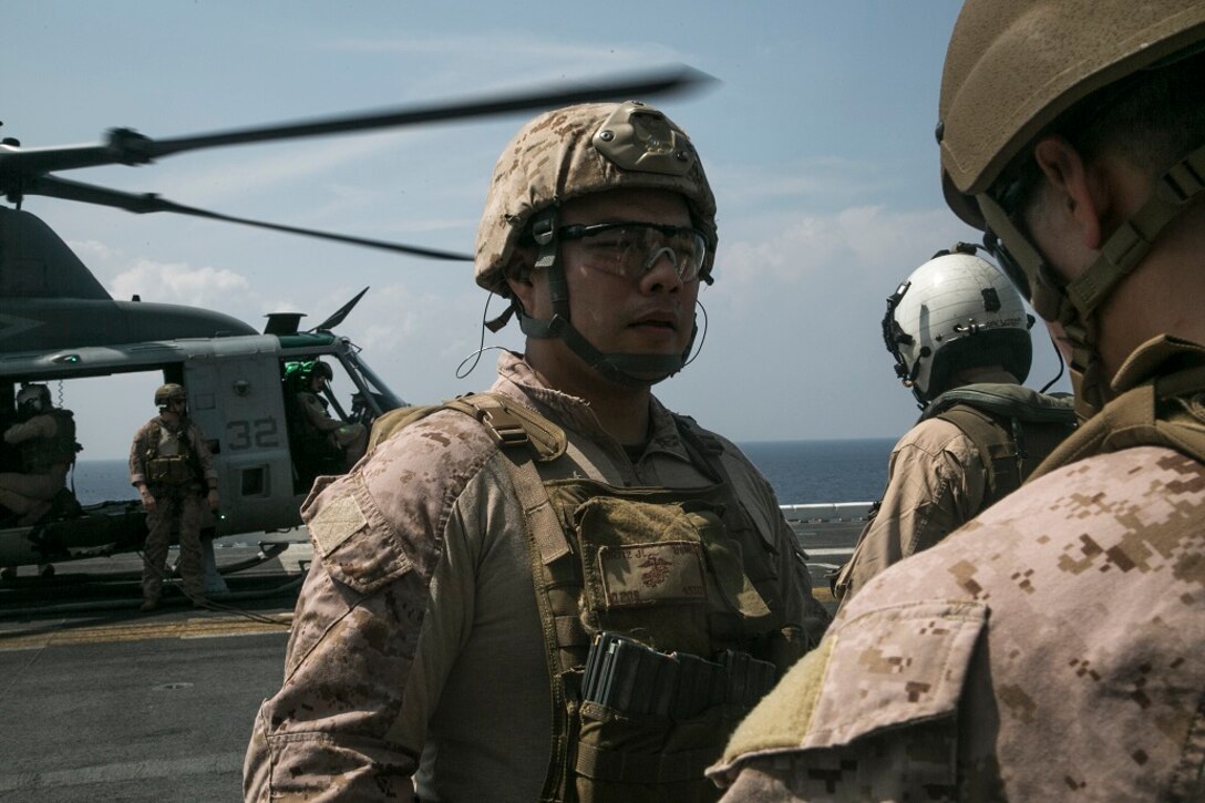 AT SEA (April 1, 2016)-U.S. Marines with the 13th Marine Expeditionary Unit, conduct rappel training, April 1, 2016, during the MEU's western pacific deployment aboard the USS Boxer. More then 4,500 Marines and Sailors from the Boxer ARG, 13th MEU team are currently transiting the Pacific Ocean toward the U.S. 5th fleet area of operations during a scheduled deployment. (U.S. Marine Corps photo by Sgt. Briauna Birl/RELEASED)
