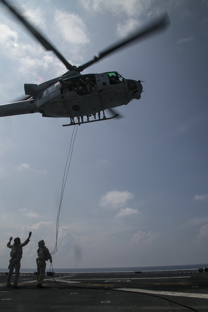 AT SEA (April 1, 2016)-U.S. Marines with the 13th Marine Expeditionary Unit, conduct rappel training, April 1, 2016, during the MEU's western pacific deployment aboard the USS Boxer. More then 4,500 Marines and Sailors from the Boxer ARG, 13th MEU team are currently transiting the Pacific Ocean toward the U.S. 5th fleet area of operations during a scheduled deployment. (U.S. Marine Corps photo by Sgt. Briauna Birl/RELEASED)