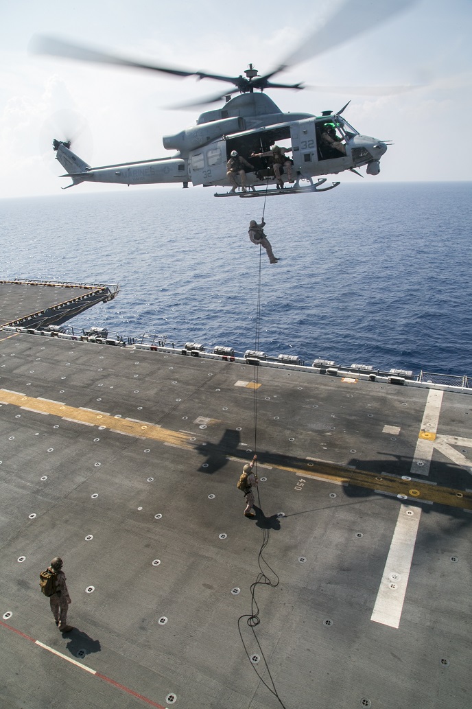 AT SEA (April 1, 2016)-U.S. Marines with the 13th Marine Expeditionary Unit, conduct rappel training, April 1, 2016, during the MEU's western pacific deployment aboard the USS Boxer. More then 4,500 Marines and Sailors from the Boxer ARG, 13th MEU team are currently transiting the Pacific Ocean toward the U.S. 5th fleet area of operations during a scheduled deployment. (U.S. Marine Corps photo by Sgt. Briauna Birl/RELEASED)