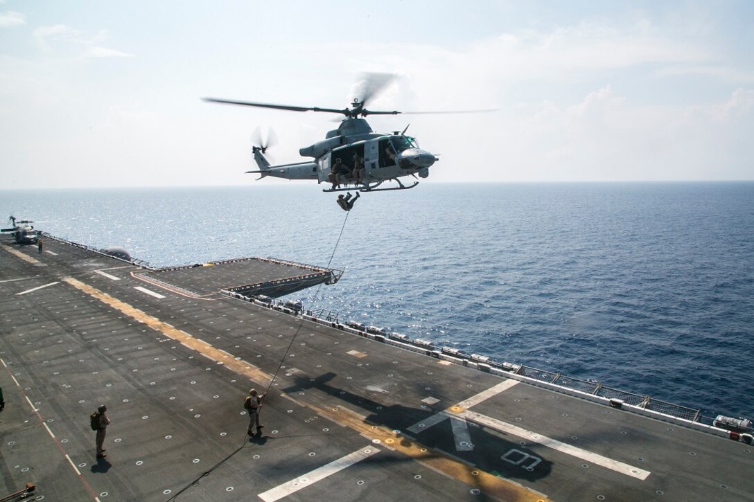 AT SEA (April 1, 2016)-U.S. Marines with the 13th Marine Expeditionary Unit, conduct rappel training, April 1, 2016, during the MEU's western pacific deployment aboard the USS Boxer. More then 4,500 Marines and Sailors from the Boxer ARG, 13th MEU team are currently transiting the Pacific Ocean toward the U.S. 5th fleet area of operations during a scheduled deployment. (U.S. Marine Corps photo by Sgt. Briauna Birl/RELEASED)