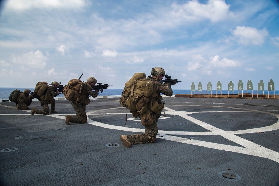 U.S. Marines with Maritime Raid Force, 13th Marine Expeditionary Unit, conduct a deck shoot during their Western Pacific Deployment 16 aboard the USS New Orleans, April 1, 2016. More then 4,500 Marines and Sailors from the Boxer ARG, 13th MEU team are currently transiting the Pacific Ocean toward the U.S. 5th fleet area of operations during a scheduled deployment. (U.S. Marine Corps photo by Sgt. Hector de Jesus/RELEASED)