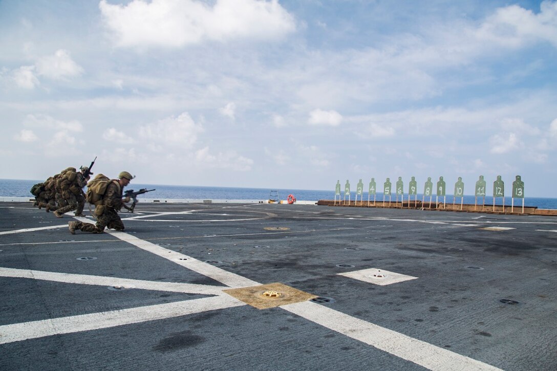 U.S. Marines with Maritime Raid Force, 13th Marine Expeditionary Unit, conduct a deck shoot during their Western Pacific Deployment 16 aboard the USS New Orleans, April 1, 2016. More then 4,500 Marines and Sailors from the Boxer ARG, 13th MEU team are currently transiting the Pacific Ocean toward the U.S. 5th fleet area of operations during a scheduled deployment. (U.S. Marine Corps photo by Sgt. Hector de Jesus/RELEASED)
