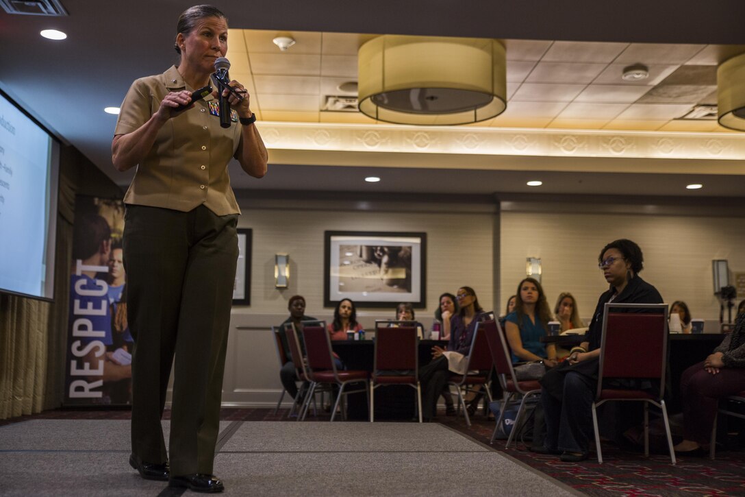 Brig. Gen. Helen G. Pratt, commanding general of Force Headquarters Group, Marine Forces Reserve and President of Marine Corps University, conducts a leadership workshop at the first Women Veterans Leadership Summit at the Four Points Sheraton hotel in New Orleans, April 3, 2016. The event was hosted by The Mission Continues, a nonprofit organization that aids post-9/11 veterans in gaining a better foothold in civilian life. 
