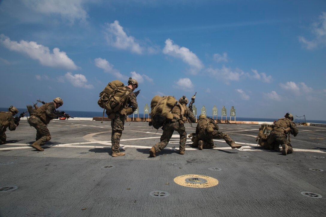 U.S. Marines with Maritime Raid Force, 13th Marine Expeditionary Unit, conduct a deck shoot during their Western Pacific Deployment 16 aboard the USS New Orleans, April 1, 2016. More then 4,500 Marines and Sailors from the Boxer ARG, 13th MEU team are currently transiting the Pacific Ocean toward the U.S. 5th fleet area of operations during a scheduled deployment.  (U.S. Marine Corps photo by Sgt. Hector de Jesus/RELEASED)