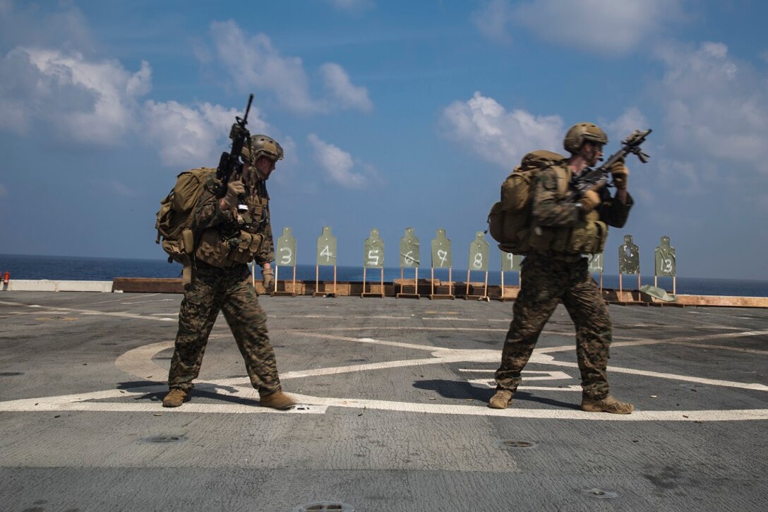 U.S. Marines with Maritime Raid Force, 13th Marine Expeditionary Unit, conduct a deck shoot during their Western Pacific Deployment 16 aboard the USS New Orleans, April 1, 2016. More then 4,500 Marines and Sailors from the Boxer ARG, 13th MEU team are currently transiting the Pacific Ocean toward the U.S. 5th fleet area of operations during a scheduled deployment. (U.S. Marine Corps photo by Sgt. Hector de Jesus/RELEASED)