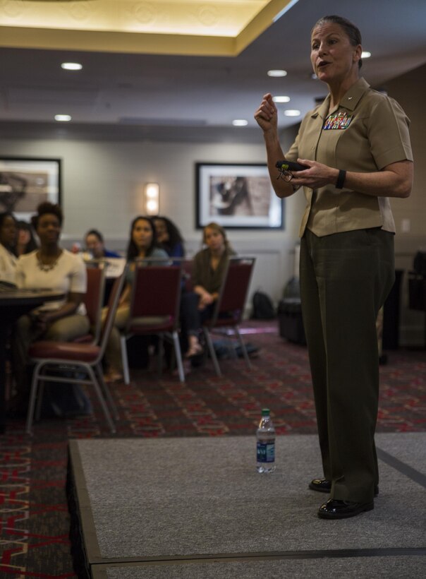 Brig. Gen. Helen G. Pratt, commanding general of Force Headquarters Group, Marine Forces Reserve and President of Marine Corps University, conducts a leadership workshop at the first Women Veterans Leadership Summit at the Four Points Sheraton hotel in New Orleans, April 3, 2016. The event was hosted by The Mission Continues, a nonprofit organization that aids post-9/11 veterans in gaining a better foothold in civilian life. 