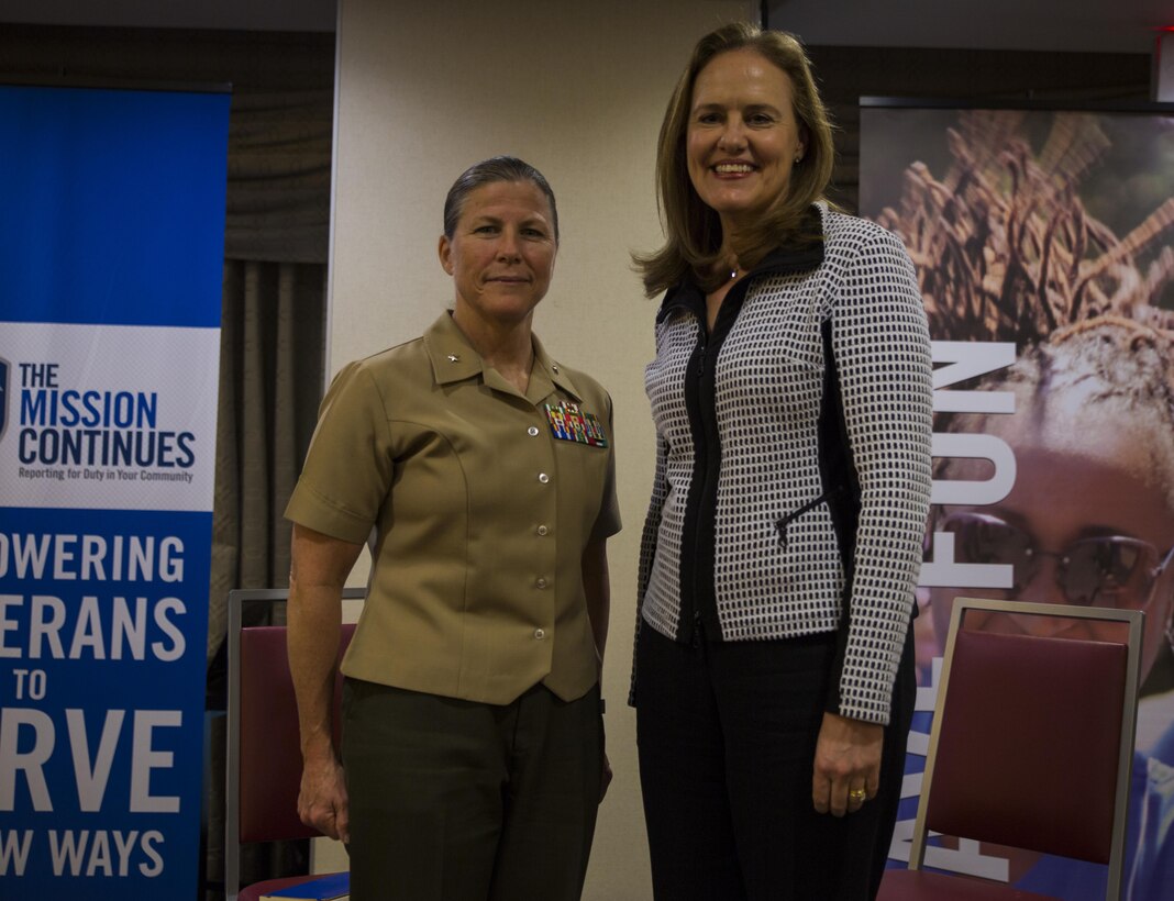 Brig. Gen. Helen G. Pratt, commanding general of Force Headquarters Group, Marine Forces Reserve, poses for a photo with Michèle Flournoy, Co-Founder and Chief Executive Officer of the Center for a New American Security, at The Mission Continues’ first Women Veterans Leadership Summit at the Four Points Sheraton hotel in New Orleans, April 3, 2016. TMC is a nonprofit organization that aids post-9/11 veterans in gaining a better foothold in civilian life.