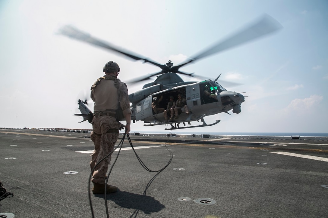 AT SEA (April 1, 2016)-U.S. Marines with the 13th Marine Expeditionary Unit, conduct rappel training, April 1, 2016, during the MEU's western pacific deployment aboard the USS Boxer. More then 4,500 Marines and Sailors from the Boxer ARG, 13th MEU team are currently transiting the Pacific Ocean toward the U.S. 5th fleet area of operations during a scheduled deployment. (U.S. Marine Corps photo by Sgt. Briauna Birl/RELEASED)