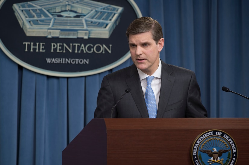 Pentagon Press Secretary Peter Cook answers questions from reporters during a briefing at the Pentagon, April 4. DoD photo by Navy Petty Officer 1st Class Tim D. Godbee