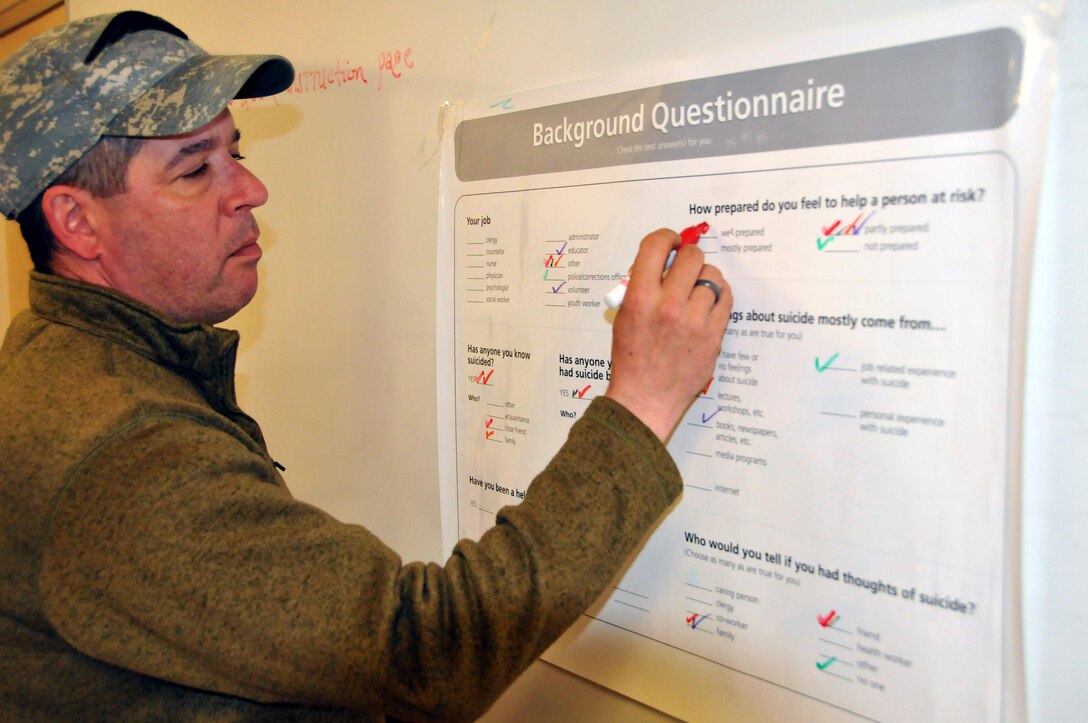 Staff Sgt. Timothy Lanzoni, assigned to the U.S. Army Reserve's 167th Combat Sustainment Support Battalion, fills out a background questionnaire at the start of Applied Suicide Intervention Skills Training (ASIST) April 2 at Westover Air Reserve Base, Massachusetts.The training was hosted by the 99th Regional Support Command's Well-Being Program and Services Branch.
