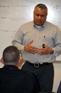 Chap. William Williams goes through a role-playing exercise with Sgt. 1st Class Chris Kelly, a native of East Chatham, New York assigned to the U.S. Army Reserve's 854th Engineer Battalion.  Kelly was one of 18 individuals who participated in Applied Suicide Intervention Skills Training (ASIST) April 2 at Westover Air Reserve Base, Massachusetts.  The training was hosted by the 99th Regional Support Command's Well-Being Program and Services Branch.