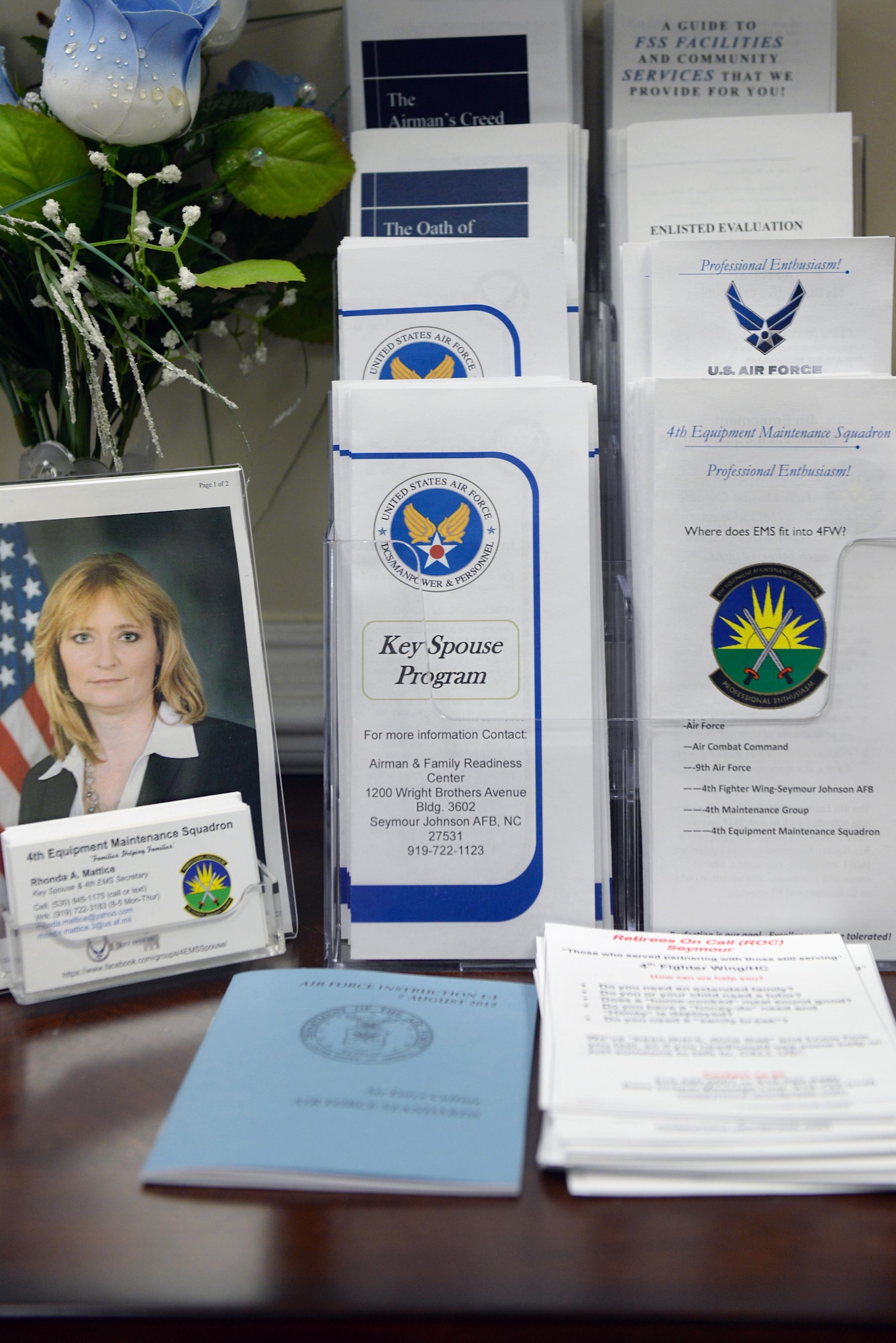 Pamphlets that make up the Key Spouse “survival kit,” created by Rhonda Mattice, 4th Equipment Maintenance Squadron secretary, for new squadron members and their spouses, March 30, 2016, at Seymour Johnson Air Force Base, North Carolina. Mattice won the Air Combat Command 2016 Key Spouse of the Year award for everything she has done for the spouses in her squadron, such as making baby blankets, putting together the “survival kits” and organizing events. (U.S. Air Force photo/Airman 1st Class Ashley Williamson)
