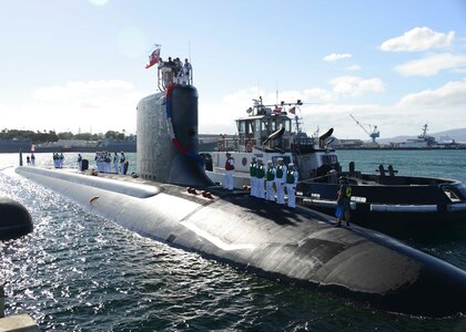 PEARL HARBOR (Nov. 25, 2014) The Virginia-class attack submarine USS Mississippi (SSN 782) arrives at Joint Base Pearl Harbor-Hickam for a change of homeport from Commander, Submarine Squadron (SUBRON) 4 in Groton, Conn., to SUBRON-1. Mississippi is the 4th Virginia-class submarine to be home ported in Pearl Harbor, and one of 18 attack submarines permanently homeported at the historic base. (U.S. Navy photo by Mass Communication Specialist 1st Class Steven Khor/Released)
                                                                            