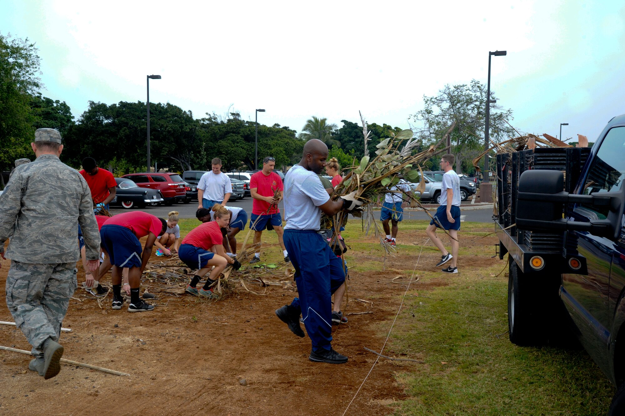 15th Wing Airmen pick up tree branches while participating in the base-wide cleanup on Joint Base Pearl Harbor-Hickam, Hawaii, March 25, 2015. More than 200 Airmen volunteered to take part in the massive Hickam Field Cleanup, which was intended to encourage pride and ownership as well as beautify the base. (U.S. Air Force photo by Tech. Sgt. Terri Paden)