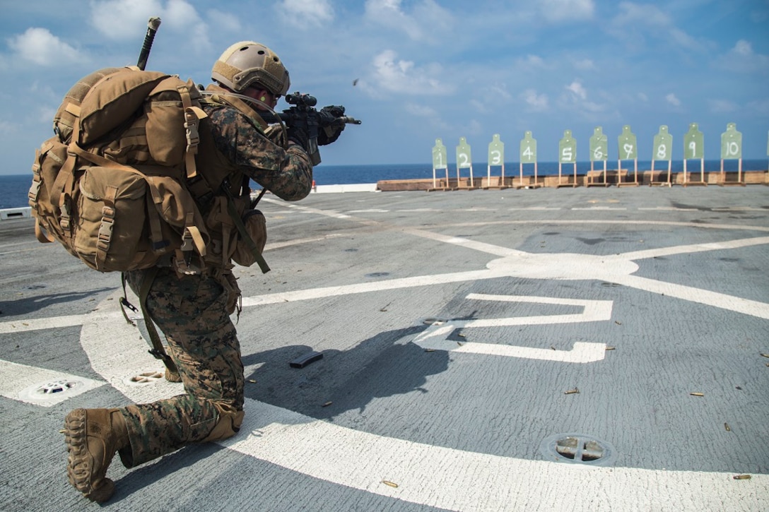 U.S. Marines with Maritime Raid Force, 13th Marine Expeditionary Unit, conduct a deck shoot during their Western Pacific Deployment 16 aboard the USS New Orleans, April 1, 2016. More then 4,500 Marines and sailors from the Boxer ARG, 13th MEU team are currently transiting the Pacific Ocean toward the U.S. 5th fleet area of operations during a scheduled deployment.