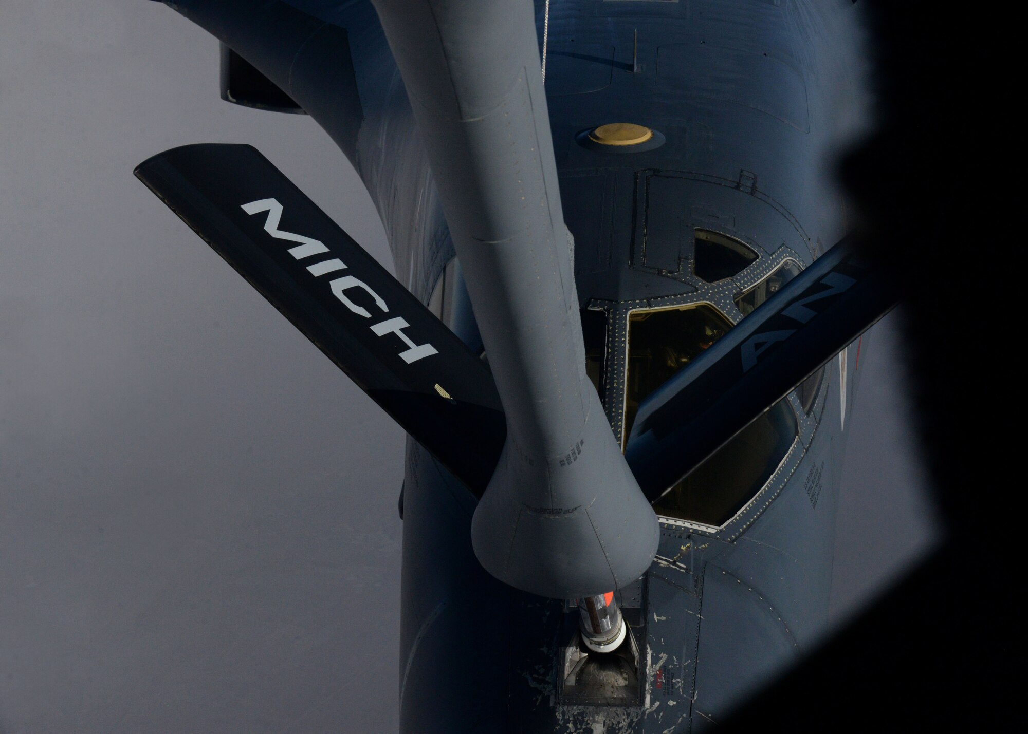 The boom of a Michigan Air National Guard KC-135 Stratotanker assigned to the 171st Air Refueling Squadron settles into place on the nose of a B-1 bomber assigned to the 28th Bomb Wing at Ellsworth Air Force Base, S.D., April 1, 2016. The Air National Guard and Air Force Reserve fly more than half of Air Mobility Command’s fleet of Stratotankers. (U.S. Air Force photo by Senior Airman Rebecca Imwalle/Released)