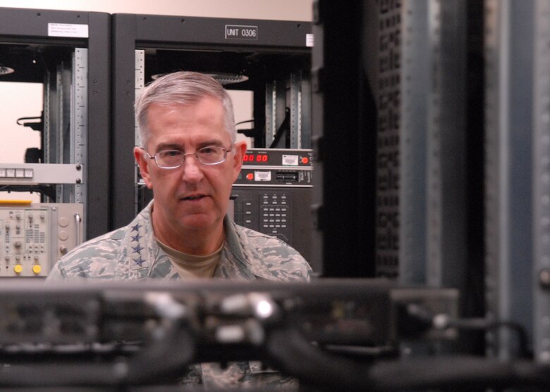 General John Hyten, Air Force Space Command commander, views recently installed range operations equipment at the new home of Range Data Control Center at the Western Range Operations Control Center, March 28, 2016 at Vandenberg Air Force Base, California. In support of the Joint Space Operations Center and 14th Air Force (Air Forces Strategic), Joint Functional Component Command for Space Headquarters Consolidation Project, assets of the Western Range Launch and Test Range System are being transferred and consolidated to a new home in the WROCC.  (U.S. Air Force photo by Capt. Nicholas Mercurio/Released)