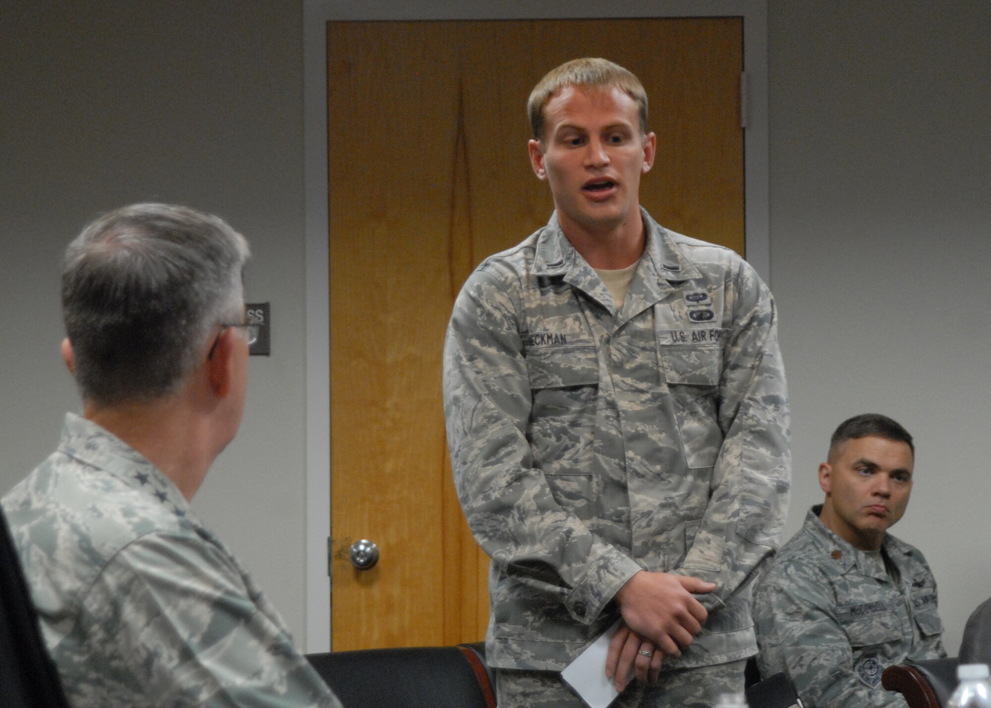 1st Lt. Andrew  Beckman, program manager, range systems consolidation, Space and Missile Systems Center, briefs General John Hyten, Air Force Space Command commander, on the status of the Launch and Test Range System transfer in support of the Headquarters 14th Air Force (Air Forces Strategic) and Joint Functional Component Command for Space, Joint Space Operations Center Consolidation Project during a visit to Vandenberg Air Force Base, California, March 28, 2016.  The project will resolve ongoing power and infrastructure deficiencies in the current home of the JSpOC, providing a more stable mission platform, and geographically co-locate the 14th AF (AFSTRAT) and JFCC Space Commander and his staff with the JSpOC, bringing all the mission functions together under one roof.  (U.S. Air Force photo by Capt. Nicholas Mercurio/Released)