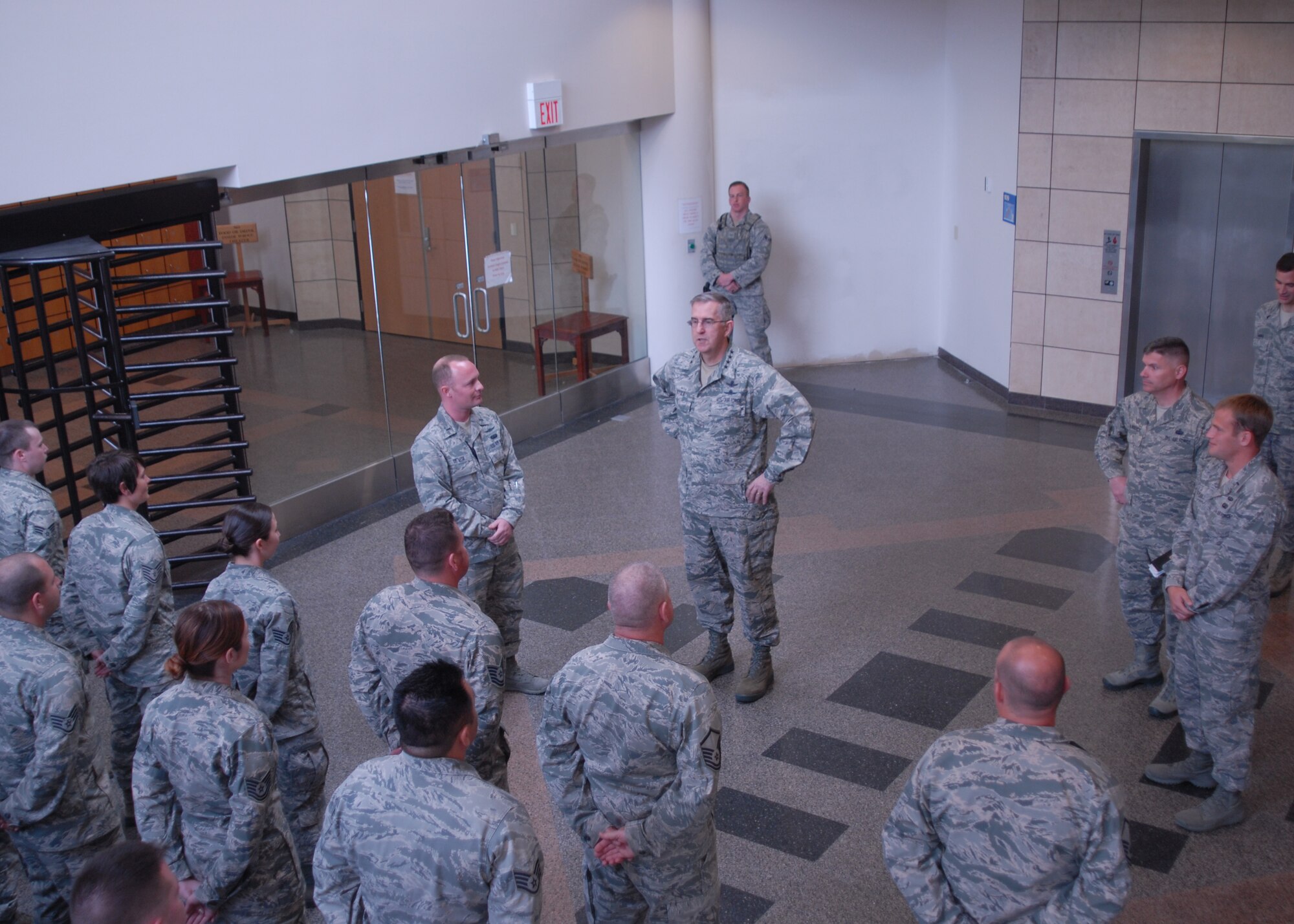 Air Force Space Command commander, General John Hyten, speaks to members of an Air National Guard contingent supporting the Western Range Launch and Test Range System consolidation project at Vandenberg Air Force Base, California, March 28, 2016.  Currently there are 33 ANG members from various guard units around the country here working on the project, including representatives from the states of Texas, Oklahoma, Massachusetts, Pennsylvania, Illinois, Maine, Georgia, Tennessee and Utah. The team is headed up by 130th Engineering Installation Squadron members, 1st Lt. Vincente De Vita, the ANG Officer-In-Charge, and Master Sgt. Kyle Wood, the ANG Non-Commissioned Officer-In-Charge and Team Chief, both of whom are based out of Salt Lake City, Utah.  (U.S. Air Force photo by Capt. Nicholas Mercurio/Released)