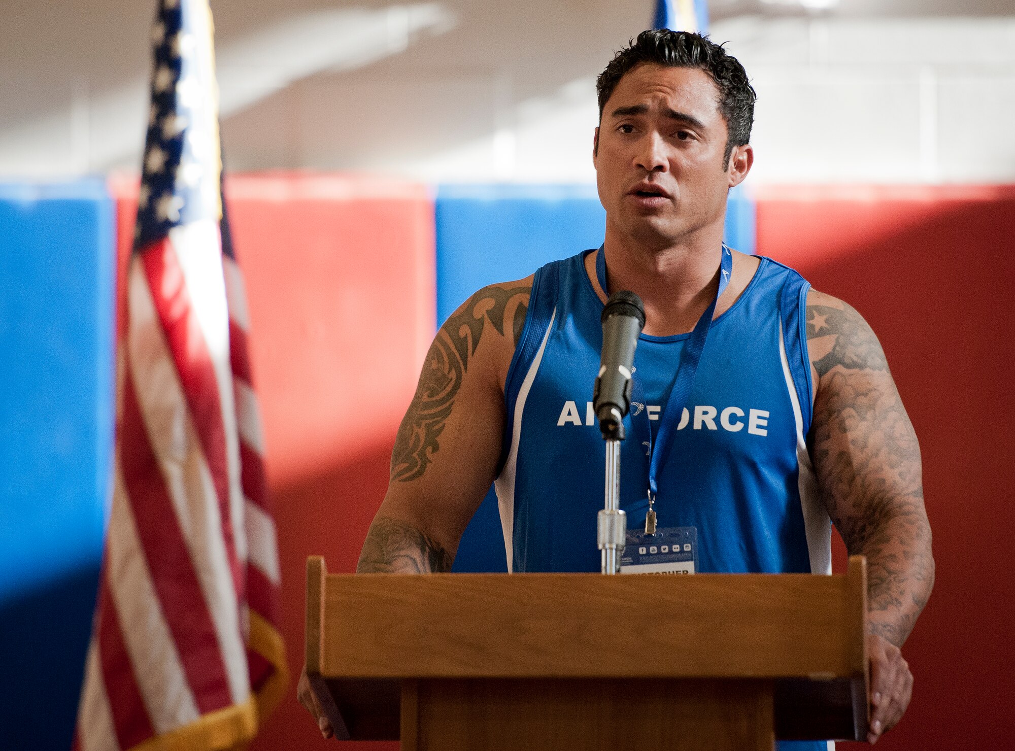 Tech, Sgt. Christopher Ferrell, Warrior Games team co-captain, shares his story with the Warrior CARE attendees and Warrior Games athletes at the opening ceremony of the two events April 4 at Eglin Air Force Base, Fla.  The ceremony kicked off a week-long rehabilitative wounded warrior camp as well as a training session for the Air Force Warrior Games athletes.  (U.S. Air Force photo/Samuel King Jr.)