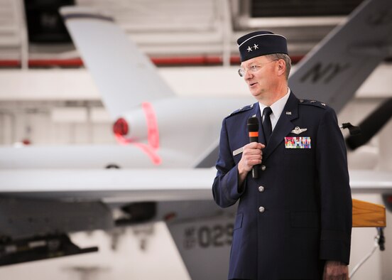 Maj. Gen. Anthony German, the commander of the New York Air National Guard, speaks to the men and women of the 174th Attack Wing prior to the official change of command ceremony at Hancock Field Air National Guard Base, April 3. (U.S. Air National Guard photo by Tech. Sgt. Jeremy Call/Released)