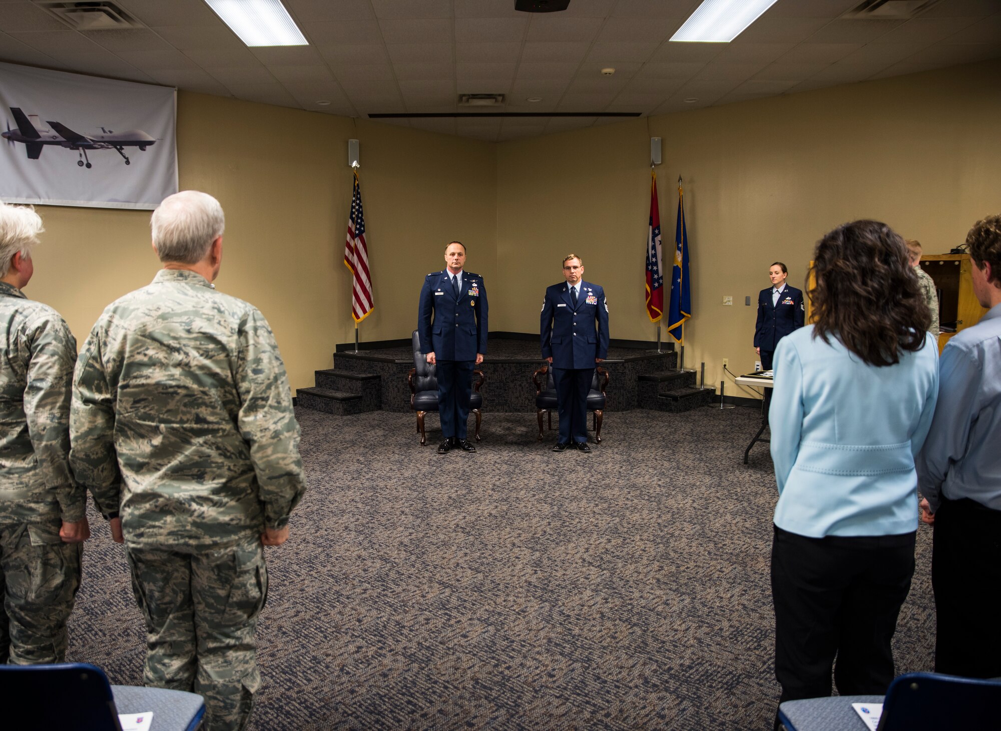 Carl Schneider, 188th Intelligence Support Squadron superintendent, was promoted to chief master sergeant April 4, 2016, during his promotion ceremony at Ebbing Air National Guard Base, Fort Smith, Ark. At the ceremony, Schneider emphasized the importance of leadership and mentorship. (U.S. Air National Guard photo by Senior Airman Cody Martin/Released)