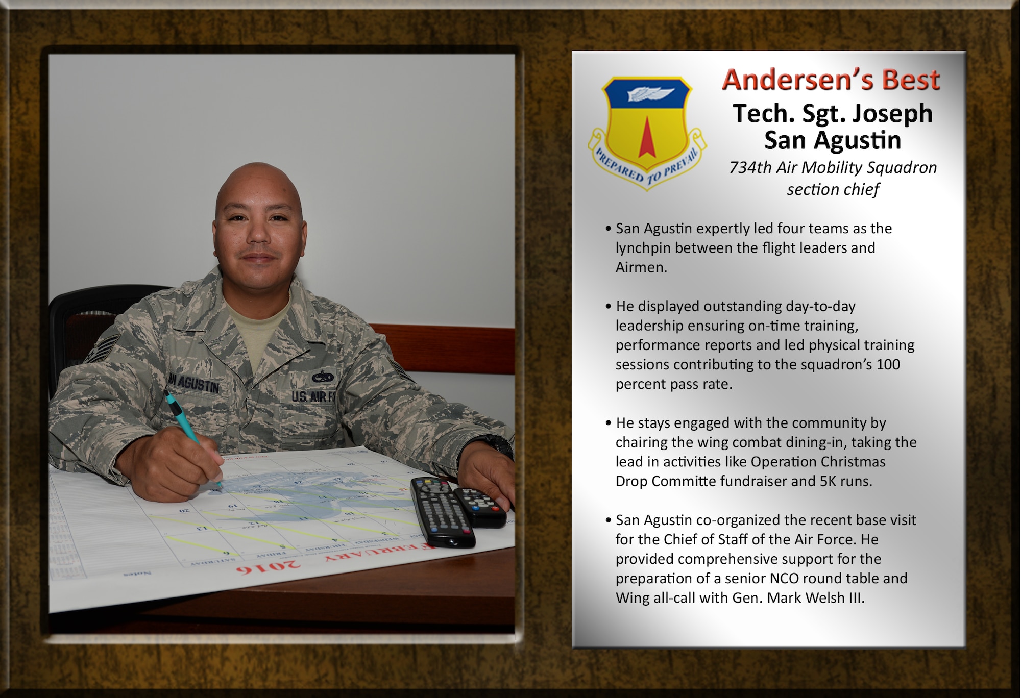 Team Andersen's Best recognizes Airmen and civilian professionals for outstanding contributions to mission and team success. As spotlight performers, individuals are chosen by base leaders for demonstrating the Air Force's core values of integrity first, service before self, and excellence in all we do.  